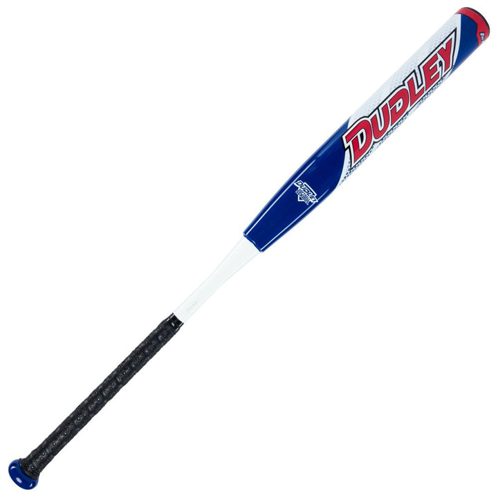 The 2023 Dudley Doom 12" Max Endload NSA USSSA Slowpitch Softball Bat (D3SPUM2) features a blue, white, and red design with a black grip handle and Grip Spin Technology, shown on a white background.