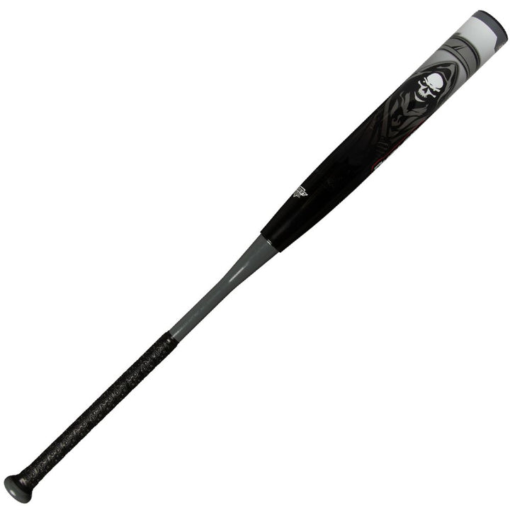 The 2025 Dudley Undertaker 12" Balanced NSA USSSA Slowpitch Softball Bat by Dudley features a black and gray aluminum design with a patterned grip, a white skull graphic near the barrel, and is USSSA approved.