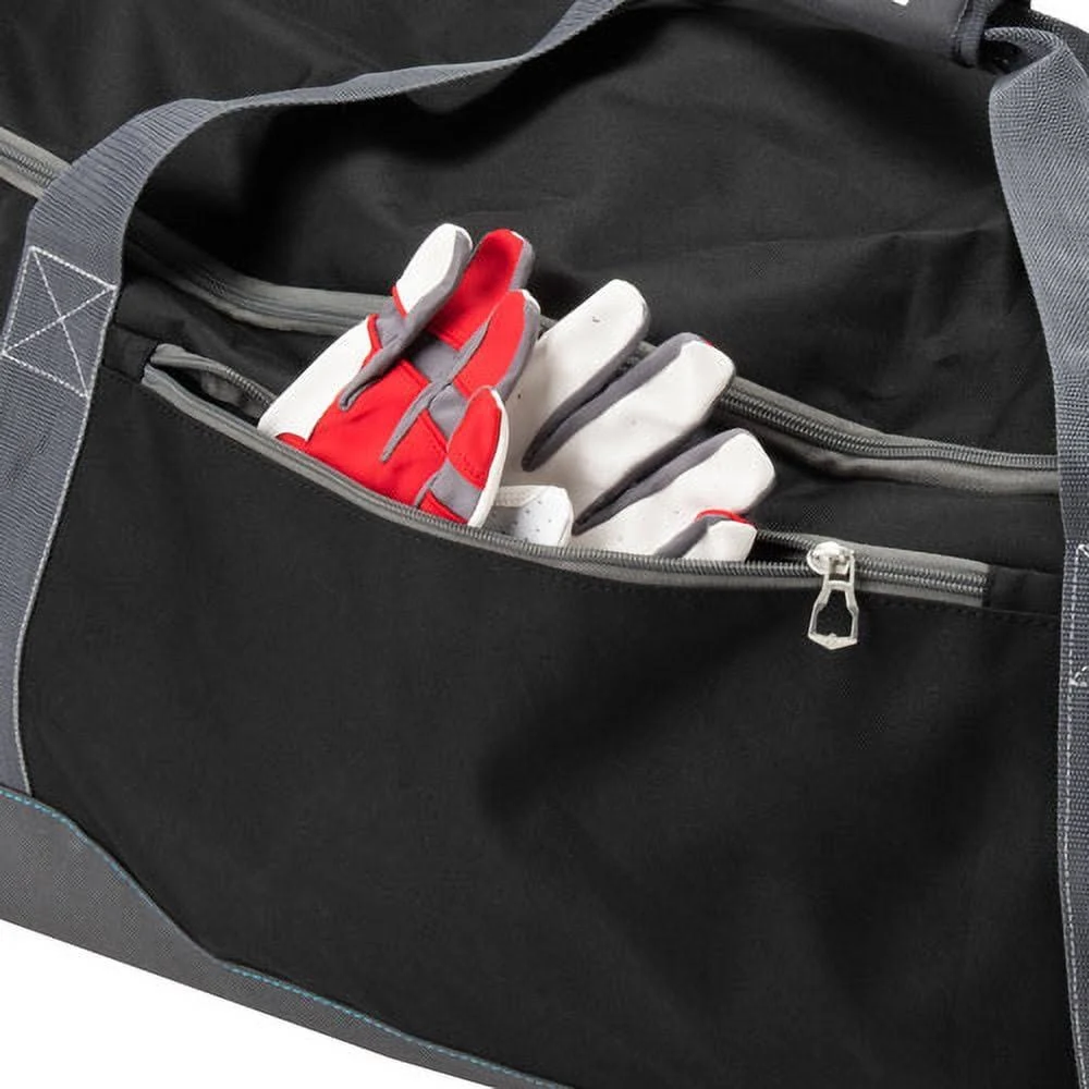 A pair of red, white, and gray sports gloves partially stick out of the front zippered pocket of a Champro Sports Champro Ultimate Carry All Equipment Bag (E85) in black with gray straps.