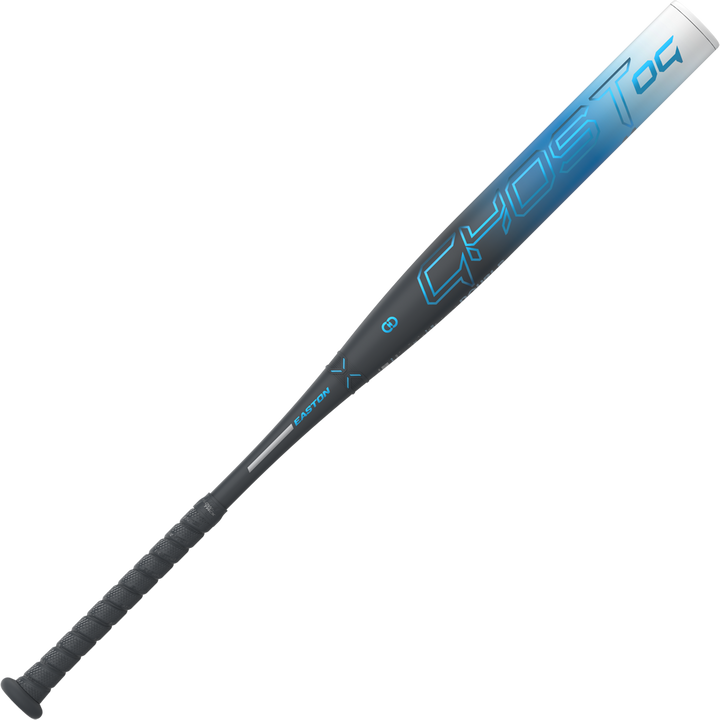 The 2025 Easton Ghost OG (-11) Fastpitch Softball Bat by Easton features a black and blue design, textured grip, Double Barrel construction, and “GHOST” in large blue letters on the barrel.