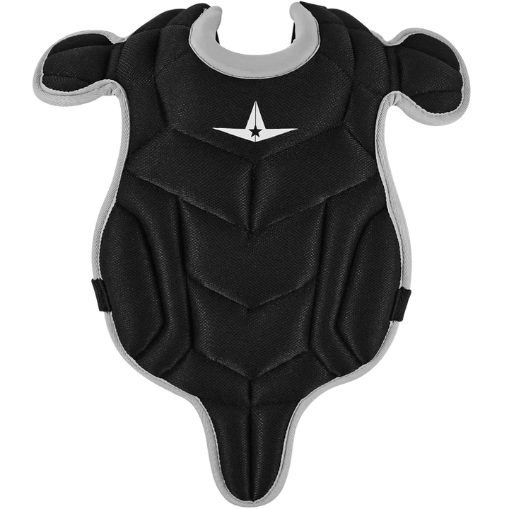 The All Star Future Star Series Catcher's Kit (CK-FS2) by All Star features black padded chest protection with gray trim, a white star emblem, and segmented padding for flexible, full coverage—ideal youth gear for reliable safety behind the plate.