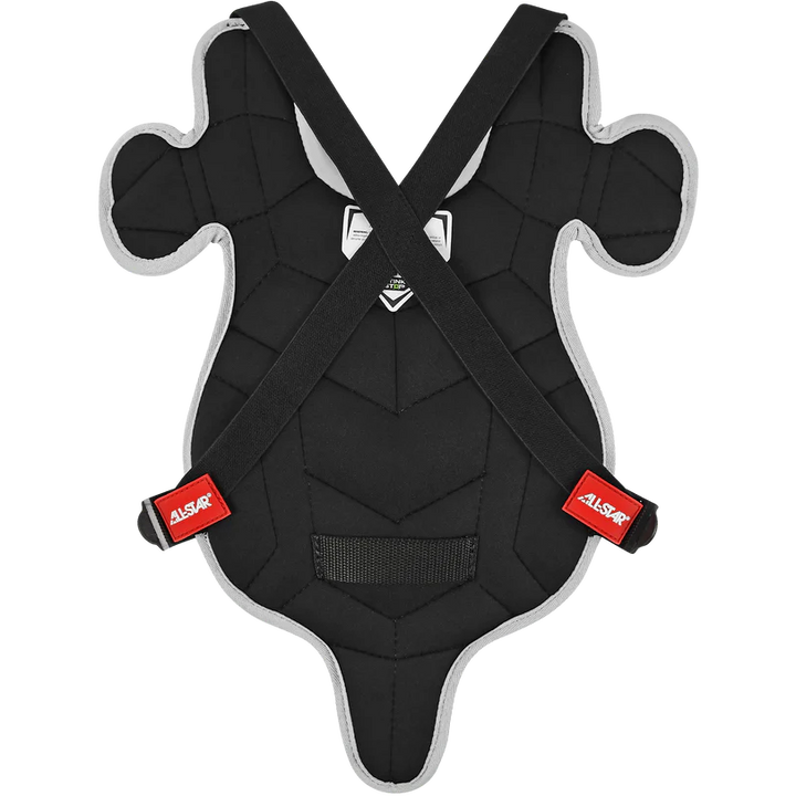 The All Star Future Star Series Catcher's Kit: CK-FS2 by All Star features a black, padded chest protector with crisscrossed shoulder straps, red tags, contoured shape, and light gray trim—ideal for youth sports or safety use.