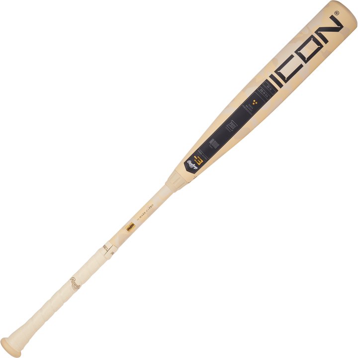 The 2025 Rawlings Icon (-3) BBCOR Baseball Bat: RB5I3 (DEMO) features a beige and black design, "ICON" near the barrel, a white grip, and detailed Rawlings branding along the handle and barrel.