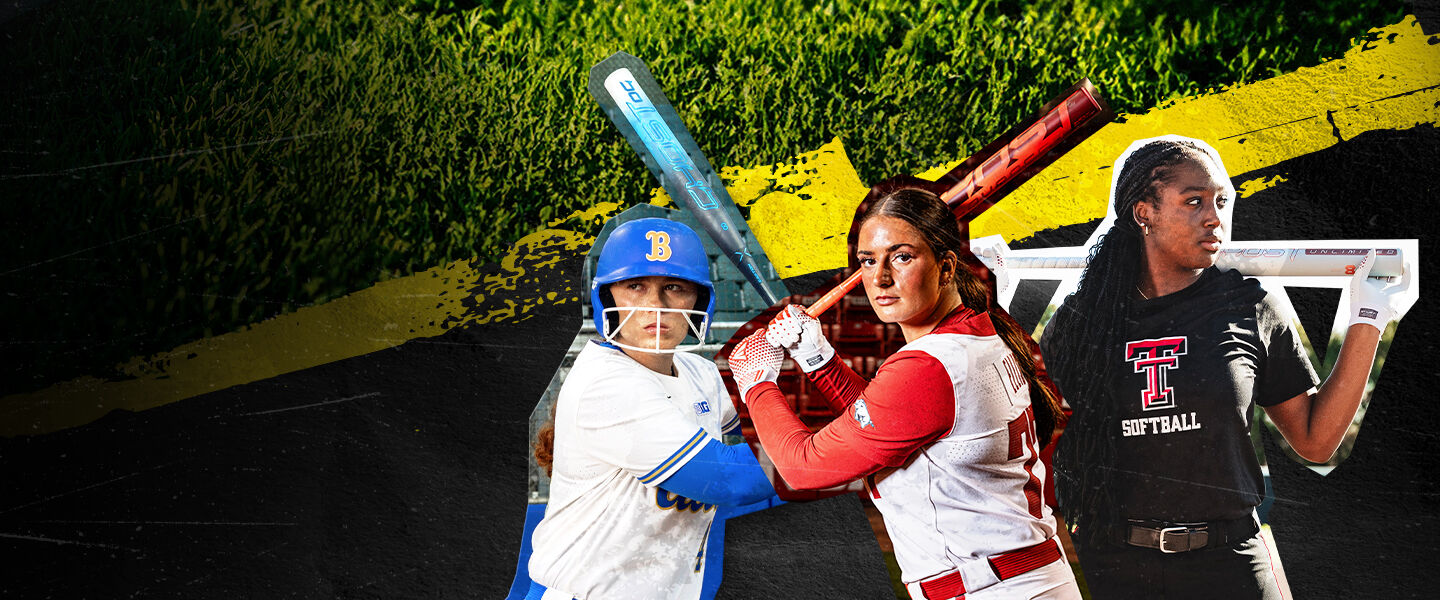Three female softball players in action poses with Easton Ghost Fastpitch bats against a colorful background