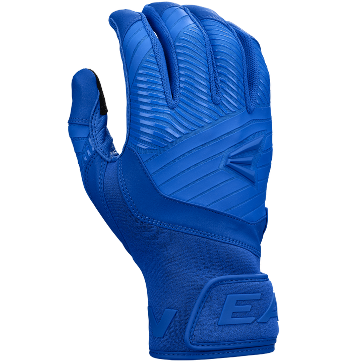 The Easton Walk Off Ethos Youth Batting Gloves (WO25YBG) feature textured, ribbed detailing and a Velcro wrist strap for durability and performance. Shown in blue by Easton on a white background.