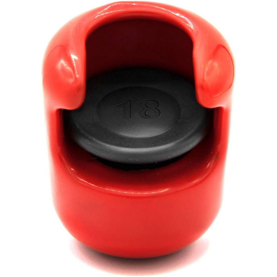The Hitting Knob Bat Weight by Hitting Knob is a red baseball hitting aid with a black circle, designed to help improve your bat speed and performance.