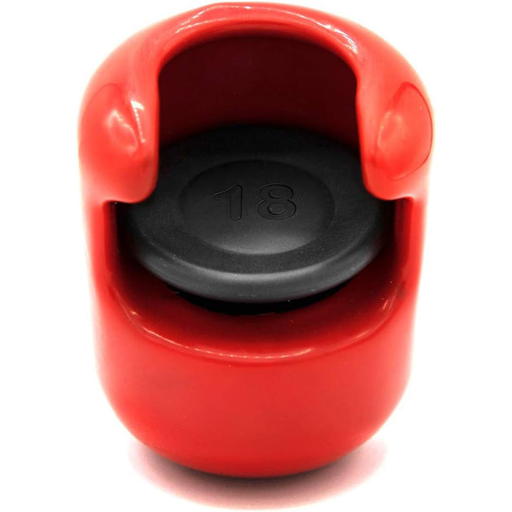 The Hitting Knob Bat Weight by Hitting Knob is a red baseball hitting aid with a black circle, designed to help improve your bat speed and performance.