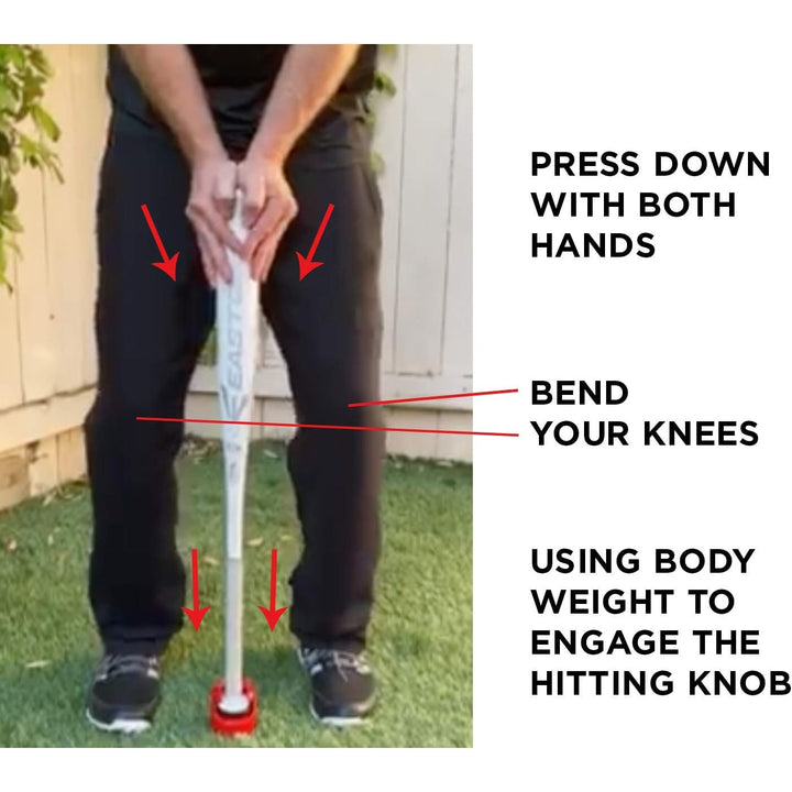 On grass, a person grips a bat with both hands, knees bent, pressing down to engage the Hitting Knob Bat Weight by Hitting Knobāan aid that improves bat speed. Directions emphasize hand placement, knee bend, and using body weight.