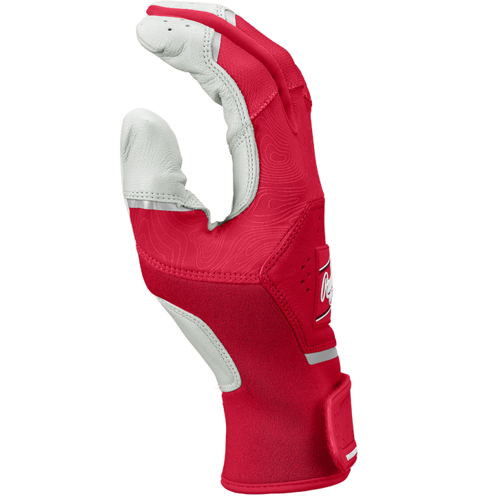 The Rawlings Workhorse Youth Batting Glove (WH25YBG) is displayed upright against a white background, featuring red and white colors, Oiltac leather, a Velcro strap, and partially bent fingers with the palm facing inward.