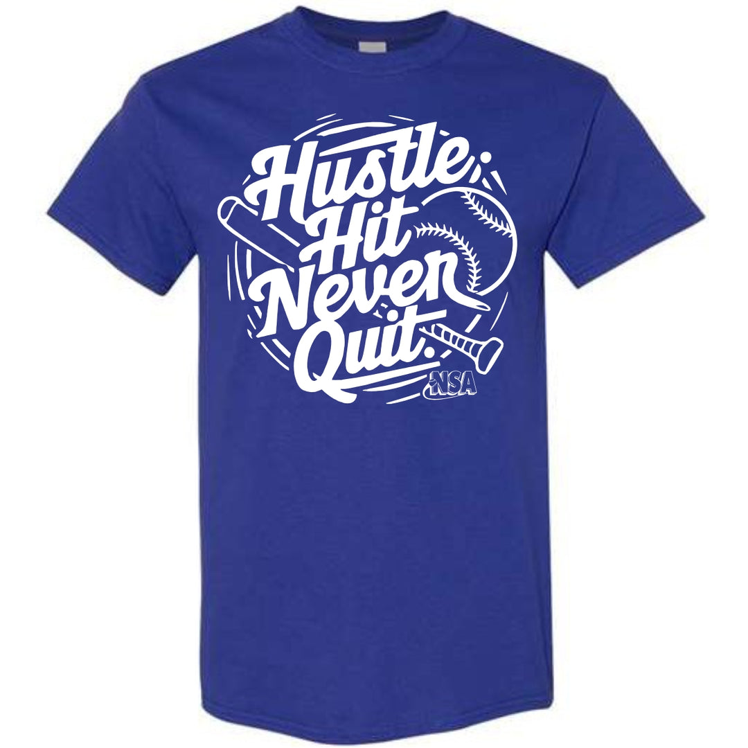 The DSG Apparel NSA Hustle Hit Never Quit Short Sleeve Shirt features bold white text and baseball graphics, making it ideal for National Softball Association fans and perfect as a softball shirt.