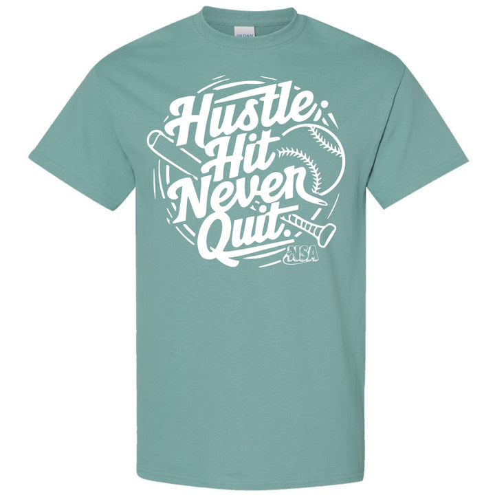 The DSG Apparel NSA Hustle Hit Never Quit Short Sleeve Shirt features bold white text, a baseball, bat, and home plate graphic—a perfect softball tee for National Softball Association fans.