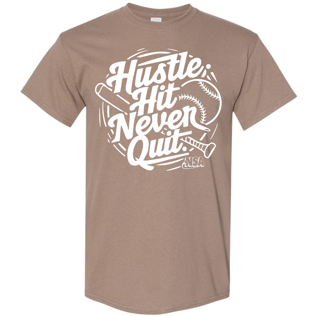 The DSG Apparel NSA Hustle Hit Never Quit Short Sleeve Shirt features bold white text and a baseball-themed design, making it perfect for National Softball Association fans, with “NSA” displayed at the bottom right.