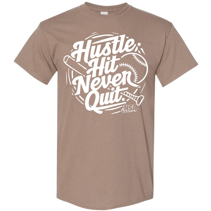 The DSG Apparel NSA Hustle Hit Never Quit Short Sleeve Shirt features bold white text and a baseball-themed design, making it perfect for National Softball Association fans, with “NSA” displayed at the bottom right.