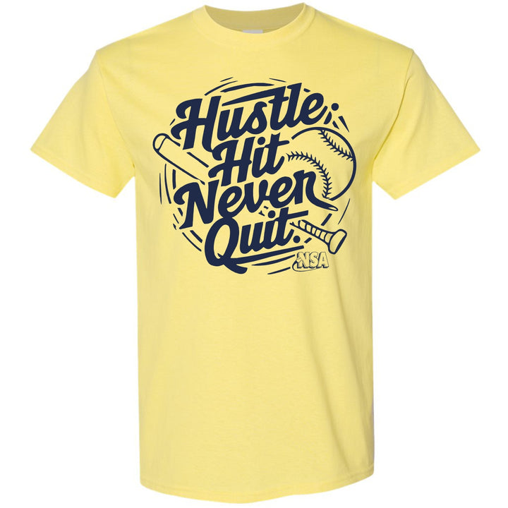 The NSA Hustle Hit Never Quit Short Sleeve Shirt by DSG Apparel features a bold dark blue "Hustle. Hit. Never Quit." graphic with softball-themed illustrations—perfect for National Softball Association fans.