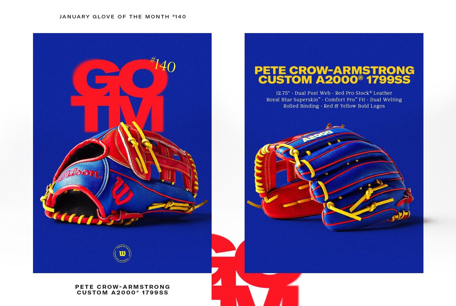 Two images of a Wilson baseball glove with red, yellow, and blue accents are shown on a blue background. Text highlights it as the January Glove of the Month #140 and the Pete Crow-Armstrong Custom A2000 1799SS.