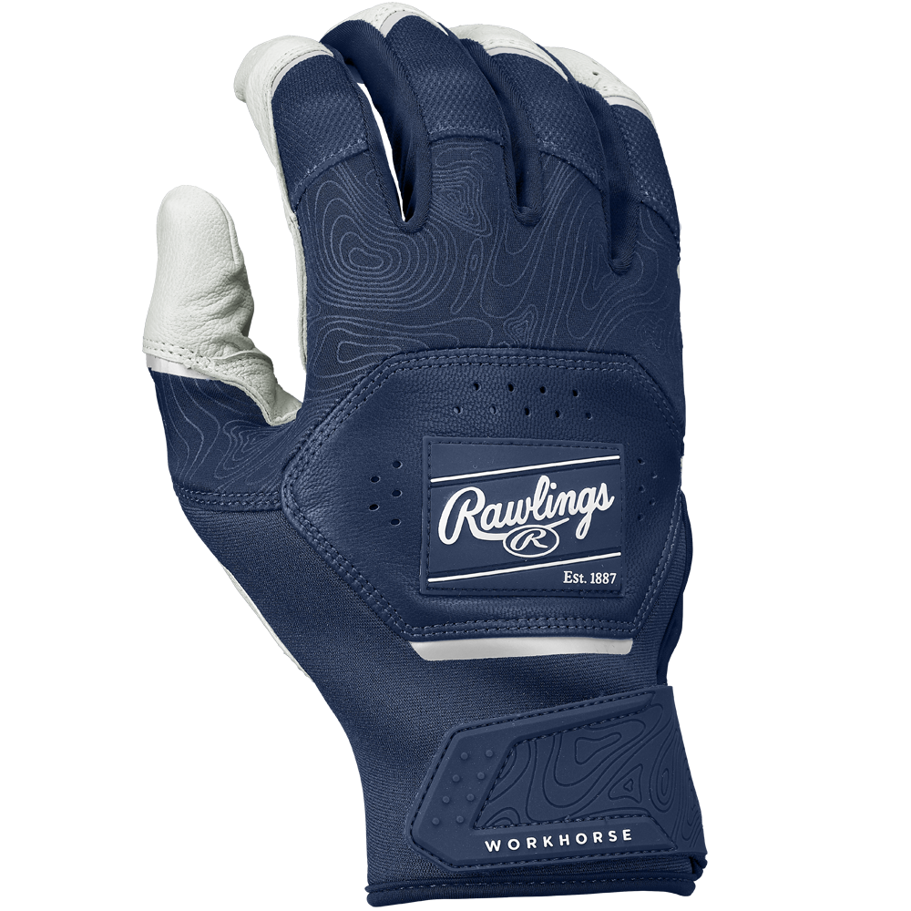 The Rawlings Workhorse Adult Batting Gloves (WH25BG) feature a navy blue and white design, textured grip, Rawlings logo, and "WORKHORSE" on the wrist strap for durable comfort.
