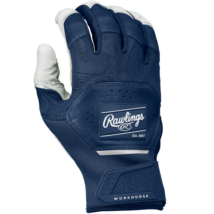 The Rawlings Workhorse Adult Batting Gloves (WH25BG) feature a navy blue and white design, textured grip, Rawlings logo, and "WORKHORSE" on the wrist strap for durable comfort.