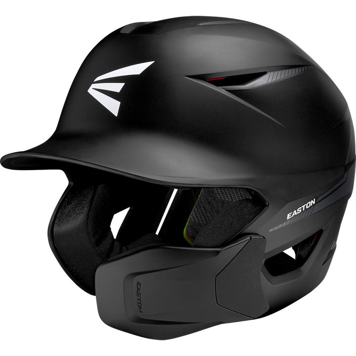 The Easton Multi-Adjust Jaw Guard (MULTIADJG) is a matte black Easton helmet accessory with a protective face guard, vented sides, short brim, jaw guard for safety, and the white Easton logo on front and side.