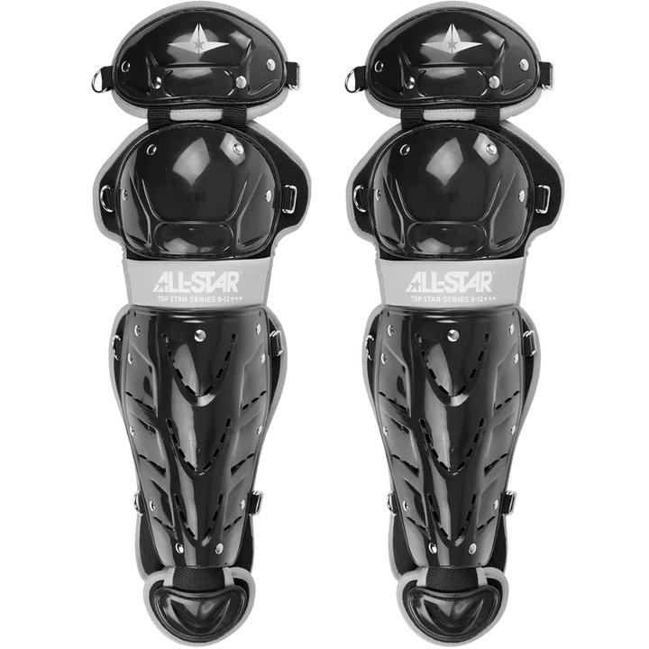 The All Star Top Star Catcher's Leg Guards: LG-TS offer youth players black double-knee protection with multiple vents, silver rivets, and adjustable straps—ideal for reliable knee and shin safety on the field.