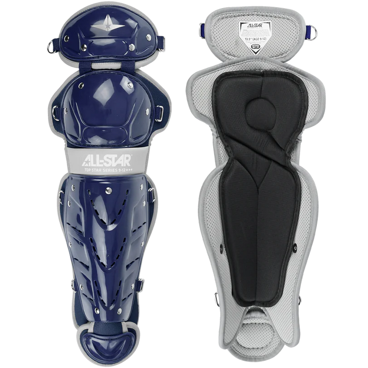 Two views of the All Star Top Star Catcher's Leg Guards: LG-TS in navy blue and gray; left shows the hard shell with All Star branding, right highlights the padded interior typical of premium youth catcher leg guards.
