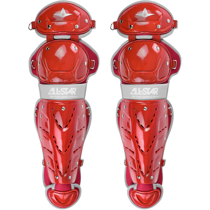 A pair of shiny red All Star Top Star Catcher's Leg Guards (LG-TS) with double-knee protection, padding for knees and shins, metal rivets, and adjustable straps.