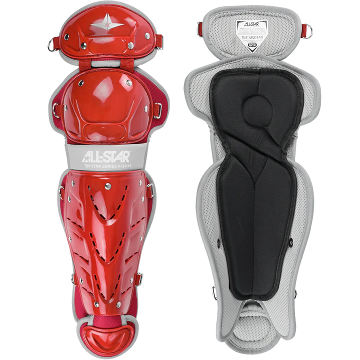 Two All Star Top Star Catcher's Leg Guards (LG-TS) are shown: the front view features hard red protective plates, while the back view highlights padded gray and black interior lining.