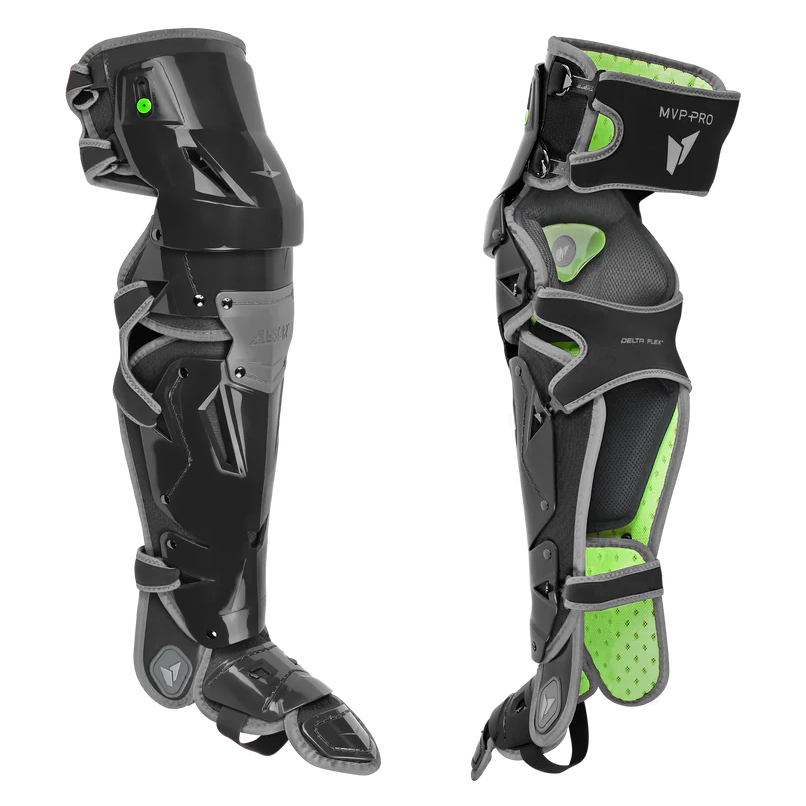 Two black and gray All Star MVP Pro Catcher's Leg Guards (LG-5) with green padding, shown front and side; feature straps, pivoting hinges, joints, and protective panels labeled MVP PRO.