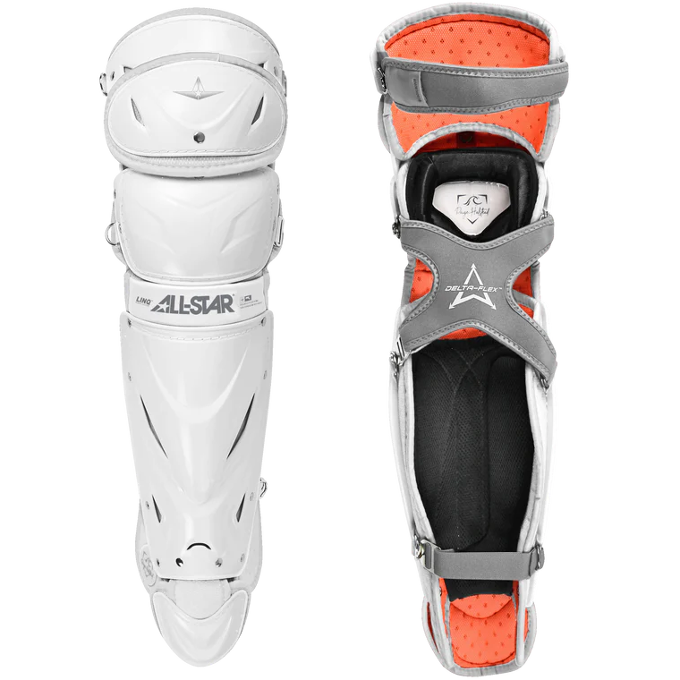 The All Star PHX Paige Halstead Fastpitch Catcher's Leg Guards (LGW-PHX) feature a white and orange design with the LINQ hinge system for top mobility—ideal for fastpitch catchers.