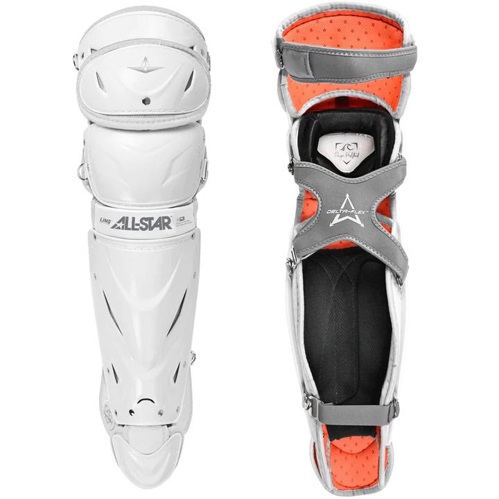 The All Star PHX Paige Halstead Fastpitch Catcher's Leg Guards (LGW-PHX) feature a white and orange design with the LINQ hinge system for top mobility—ideal for fastpitch catchers.