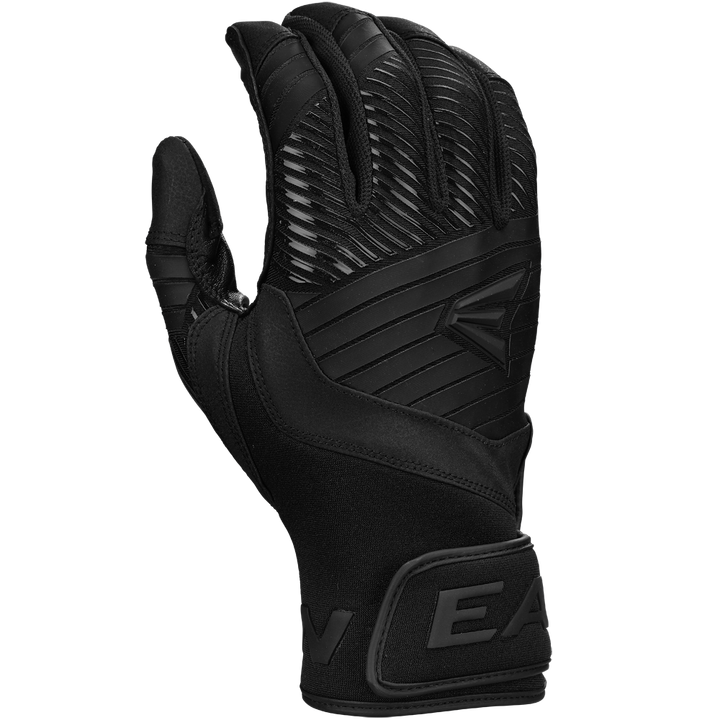 The Easton Walk Off Ethos Youth Batting Gloves (WO25YBG) by Easton are black, durable batting gloves with textured patterns, reinforced sections, an embossed wrist strap, and Velcro closure—perfect for young athletes seeking reliable performance.