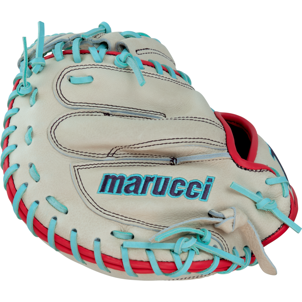 The Marucci Acadia 220C1 32" catcher's mitt (MFG3AC220C1-CM/R) is cream-colored, crafted from full-grain cowhide leather, with light blue laces, red lining, and a blue Marucci logo embroidered on the palm.