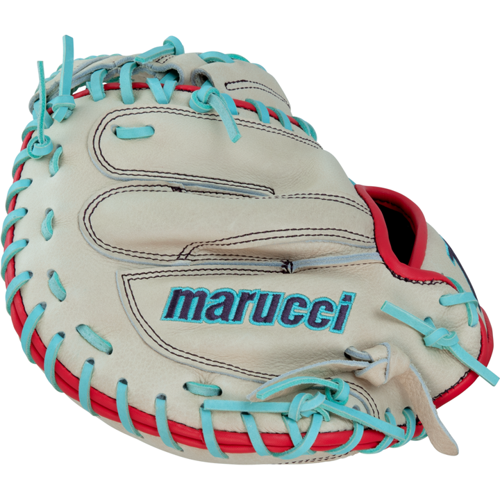The Marucci Acadia 220C1 32" catcher's mitt (MFG3AC220C1-CM/R) is cream-colored, crafted from full-grain cowhide leather, with light blue laces, red lining, and a blue Marucci logo embroidered on the palm.