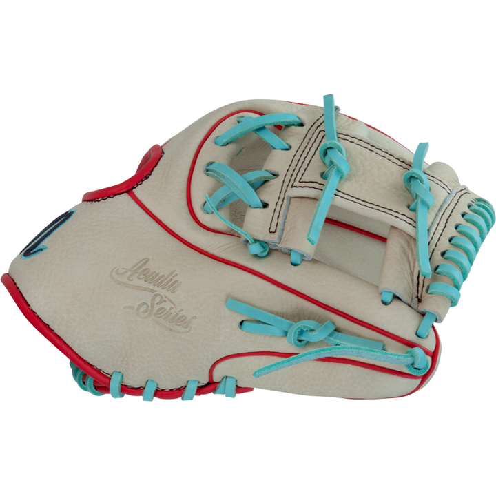 The Marucci Acadia 42A2 11.25" Baseball Glove (MFG3AC42A2-CM/R) is a beige full-grain cowhide glove with red trim, light blue laces, and the Acuña Series logo embossed on the side.