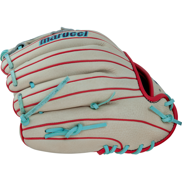 The Marucci Acadia 42A2 11.25" Baseball Glove (MFG3AC42A2-CM/R) features a tan full-grain cowhide leather build with red piping, blue laces, and "marucci" stitched in blue on a patch near the top.