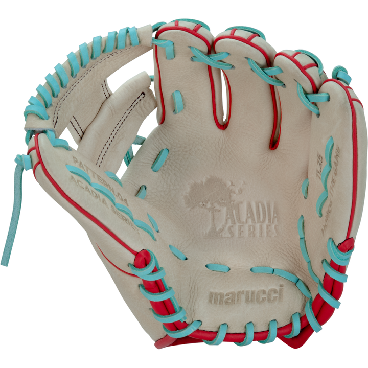 The Marucci Acadia 42A2 11.25" Baseball Glove (MFG3AC42A2-CM/R) features white full-grain cowhide leather, blue and red laces, and the Acadia Series tree logo embossed on the palm—perfect for infielders.