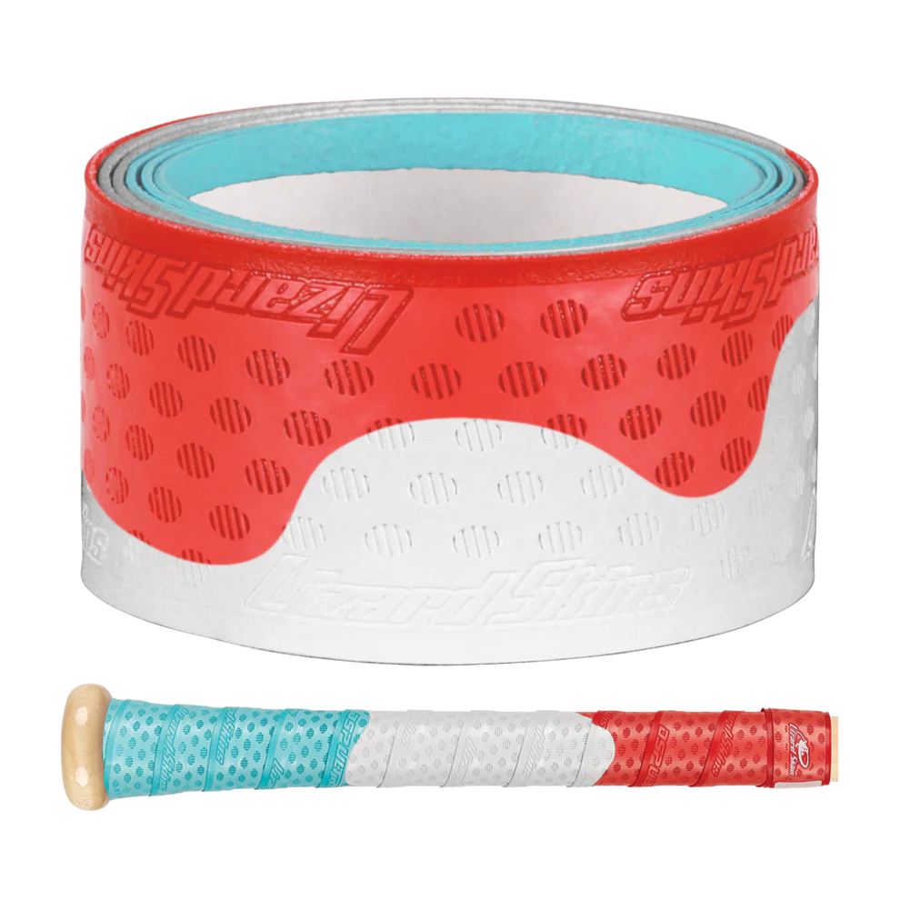 A close-up of a Lizard Skins DSP Ultra Outburst 1.1mm Bat Grip in Patriotic Pop, featuring a dotted pattern, shown above a bat handle wrapped in the same durable polymer grip used in MLB.