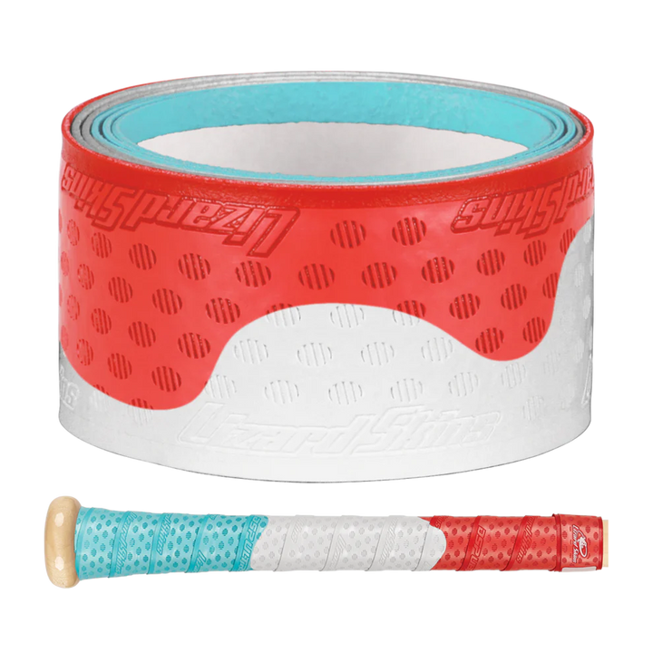A close-up of a Lizard Skins DSP Ultra Outburst 1.1mm Bat Grip in Patriotic Pop, featuring a dotted pattern, shown above a bat handle wrapped in the same durable polymer grip used in MLB.