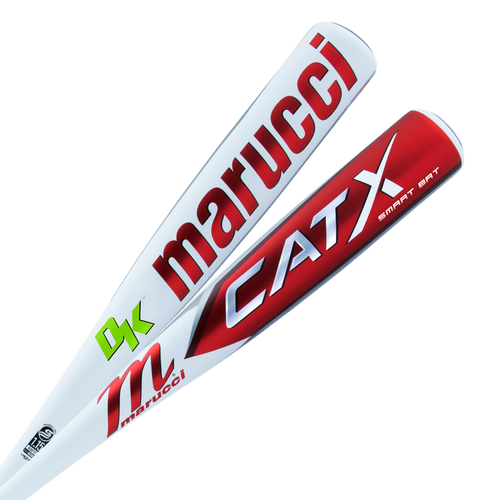 Two white Marucci baseball bats are shown: one has a red Marucci label, and the other is a 2024 CATX SMART (-5) USSSA bat (model MSBCXS5) with red and silver accents, featuring a built-in Diamond Kinetics sensor for top performance.
