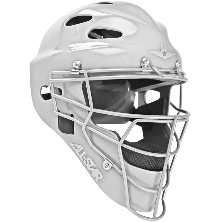 The All Star Heiress Fastpitch Catcher's Kit: CKW-H includes a white helmet with a metal face guard, black padding, ventilation holes, and the All Star logo—perfect for any fastpitch catcher or travel ball player.