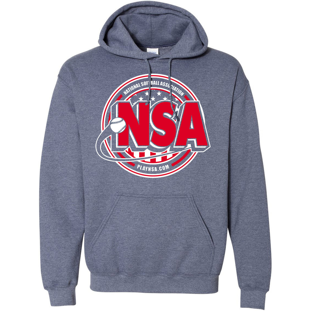 The National Softball Association NSA Crest HeavyBlend Hoodie by DSG Apparel is a gray Gildan pullover featuring a large red, white, and blue NSA logo with stars, a softball, and the text "National Softball Association" and "playnsa.com" on the front.