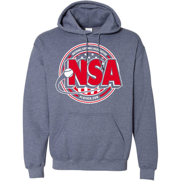 The National Softball Association NSA Crest HeavyBlend Hoodie by DSG Apparel is a gray Gildan pullover featuring a large red, white, and blue NSA logo with stars, a softball, and the text "National Softball Association" and "playnsa.com" on the front.