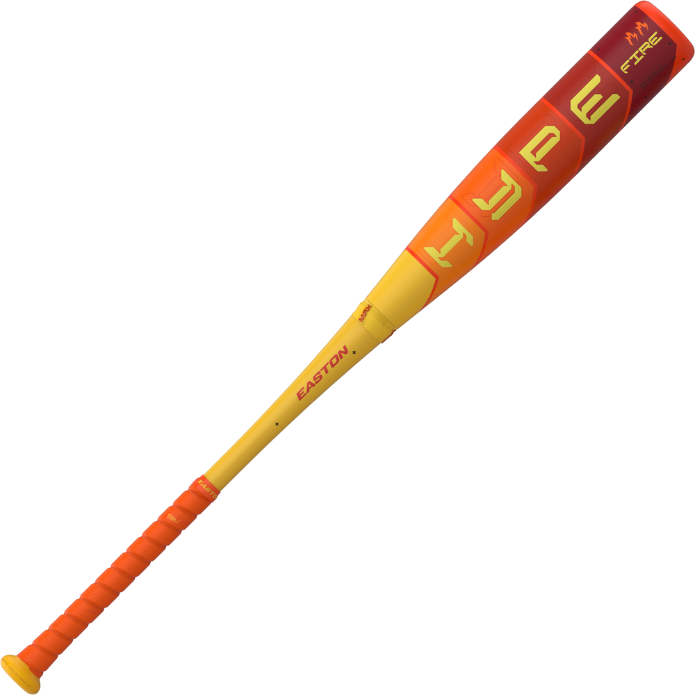 The 2025 Easton Hype Fire (-8) 2 5/8" USA Baseball Bat (EUS5HYP8) features a yellow and orange composite design with "HYPE" on the barrel, "EASTON" on the handle, and a bright orange grip. Certified for use as an -8 USA baseball bat.