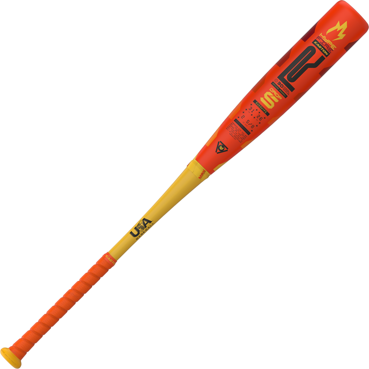 The 2025 Easton Hype Fire (-5) 2 5/8" USA Baseball Bat (EUS5HYP5) features a red and yellow design, detailed barrel graphics, wrapped grip, USA logo near the handle, and advanced 3D Ropecoil composite technology for top performance.