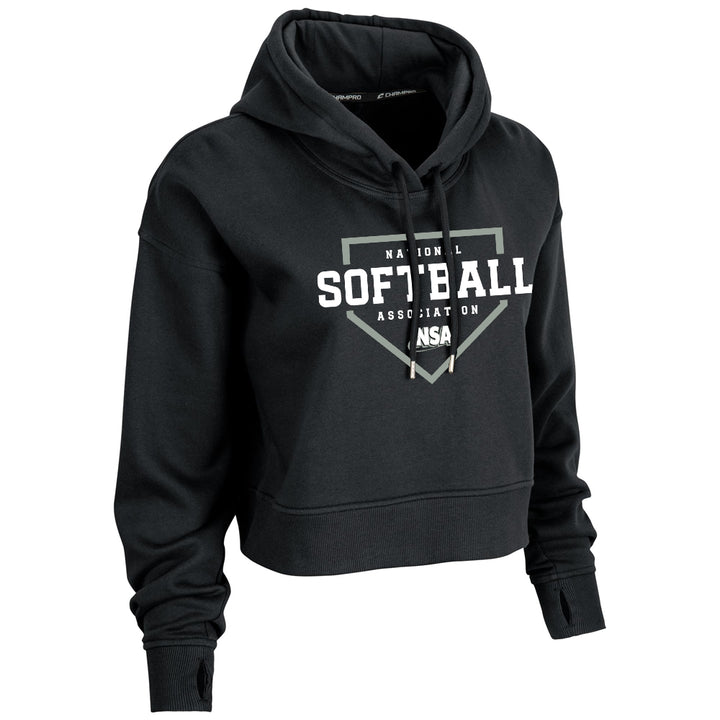 The Champro Sports National Softball Association NSA Home Plate Women's Crop Hoodie features a cozy fleece design with a hood, drawstrings, and bold white NSA lettering inside a home plate graphic on the front for sporty style and comfort.