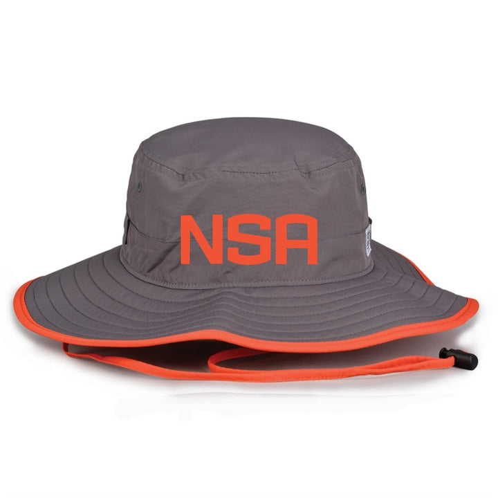 The NSA Classic Series Bucket Hat: GB400 by Game Headwear is a gray hat with orange trim, chin strap, and bold orange NSA letters—ideal sun protection for outdoor activities.