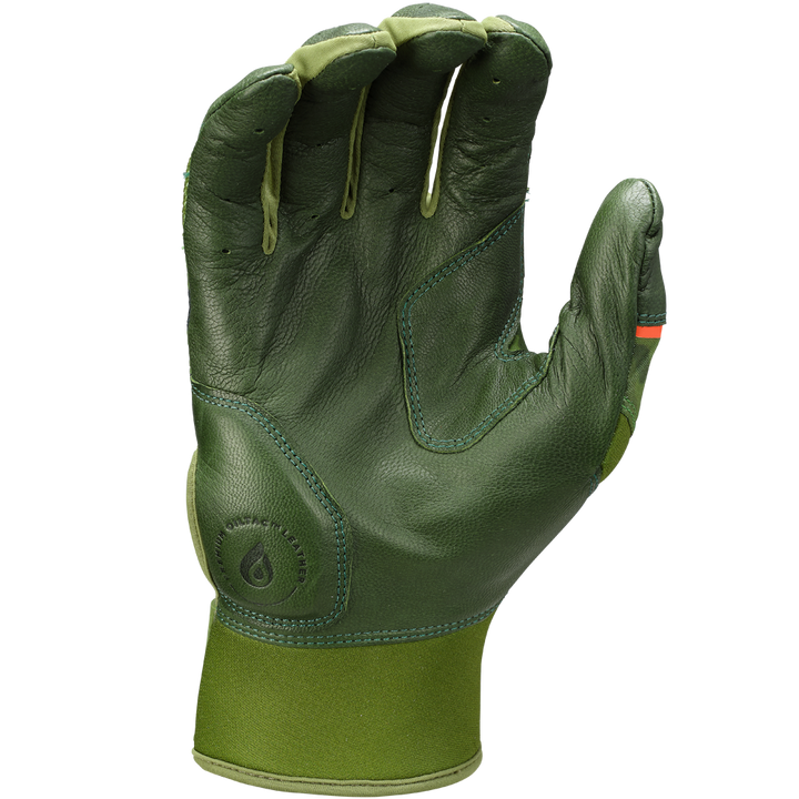 The Rawlings Workhorse Adult Batting Gloves: WH25BG in green leather feature reinforced stitching, an extended cuff, a small orange index finger accent, and Dynamic Fit System, shown against a plain white background.