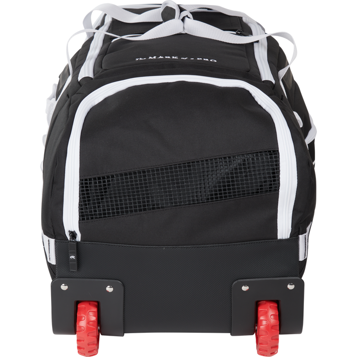 The Rawlings Yadi 2 Wheeled Catcher's Bag (YADI2WHBG) is a black and white sports equipment bag with mesh ventilation, two red wheels, and a sturdy base for easy transport of your gear.