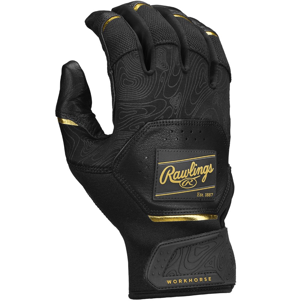 The Rawlings Workhorse Adult Batting Gloves (WH25BG) are black with gold accents, a textured pattern, breathable perforations, an Oitac leather palm, and a Rawlings logo patch on the back.