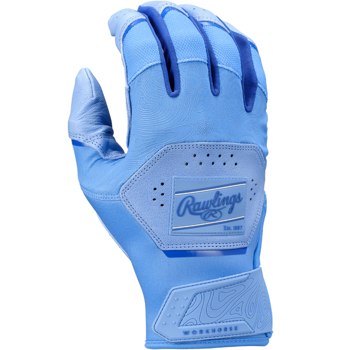 A pair of light blue Rawlings Workhorse Adult Batting Gloves (WH25BG) shown from the back, featuring textured patterns, ventilation holes, and a prominent Rawlings logo patch. Made with durable Oitac leather for a premium feel.