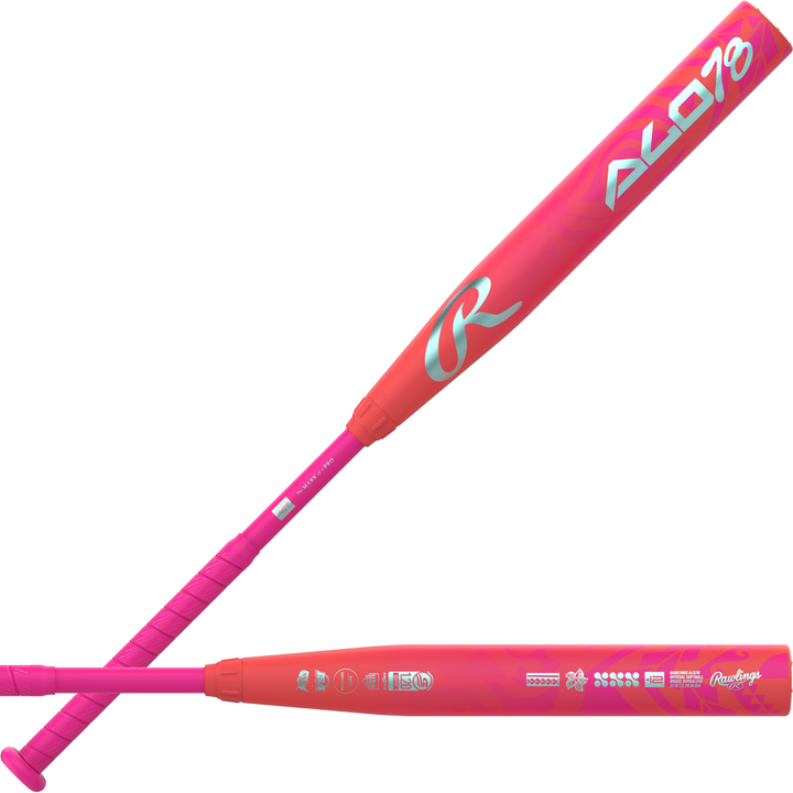 Two bright pink and orange Rawlings 2026 ALO78 (-12) Fastpitch Softball Bats (RFP6ALO12) feature silver branding, a large R logo, ALO 19 text, matching pink grips, and a glossy finish.